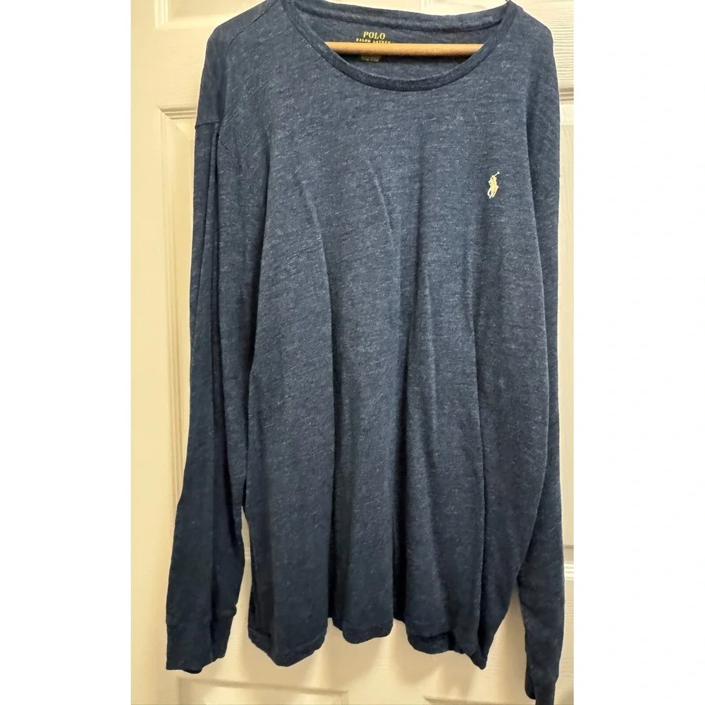 POLO RALPH‎ LAUREN CREW T-SHIRT 2XL NAVY BLUE LONG SLEEVE White PONY